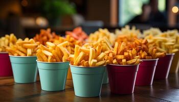 ai gerado uma ampla balde do fresco, frito francês fritas em uma mesa gerado de ai foto