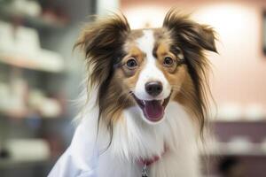 ai gerado uma cachorro vestindo uma branco casaco dentro uma animal loja foto