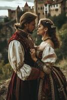 ai gerado uma casal dentro medieval roupas em pé dentro frente do uma castelo foto