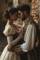 ai gerado uma homem e mulher dentro medieval roupas estão abraçando foto
