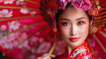 ai gerado fechar-se do uma lindo chinês mulher dentro tradicional vestem foto