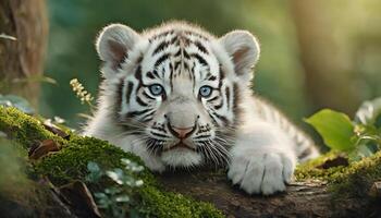ai gerado fechar-se do uma recém-nascido bebê branco tigre filhote em repouso sozinho dentro a floresta foto