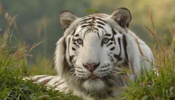 ai gerado majestoso branco tigre em repouso em Relva foto