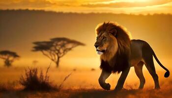 ai gerado africano leão caminhando dentro floresta silhueta foto