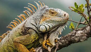 ai gerado fechar-se do uma iguana em repouso em árvore foto