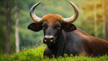 ai gerado Gaur fechar-se sentado em Relva dentro a floresta foto