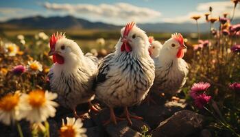 ai gerado galinhas vaguear livremente dentro a verde Prado, desfrutando natureza gerado de ai foto