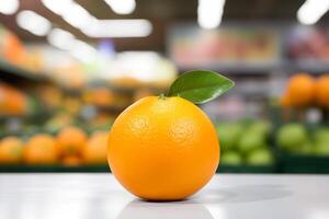 ai gerado fechar acima do uma laranja fruta dentro supermercado fundo foto