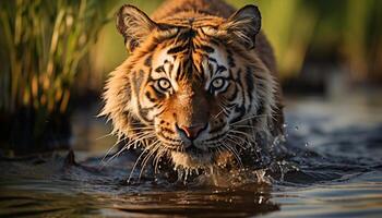 ai gerado majestoso Bengala tigre olhando fixamente, selvagem beleza dentro natureza gerado de ai foto