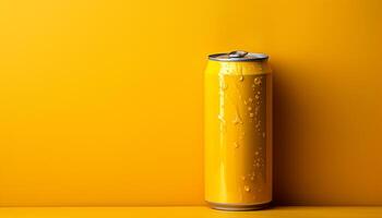 ai gerado amarelo beber dentro garrafa, refrescante refrigerante em amarelo fundo gerado de ai foto