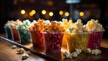 ai gerado refrescante gourmet lanche em mesa, assistindo filme teatro desempenho gerado de ai foto