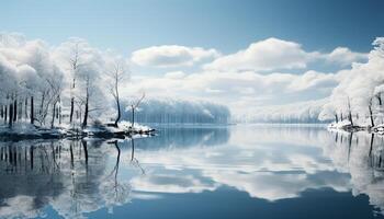 ai gerado tranquilo cena azul água reflete inverno paisagem, ao ar livre gerado de ai foto