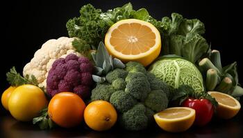 ai gerado frescor do saudável comendo vegetal, fruta, brócolis, tomate, couve-flor gerado de ai foto
