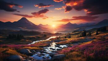 ai gerado majestoso montanha pico reflete pôr do sol, natureza beleza dentro Prado gerado de ai foto