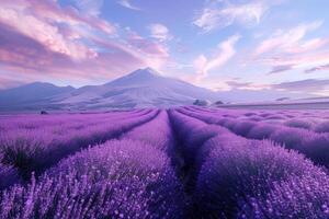 ai gerado majestoso montanha e lavanda Campos às crepúsculo foto