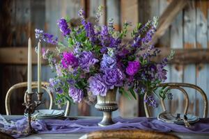 ai gerado elegante floral arranjo em rústico mesa foto