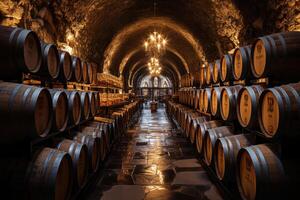 ai gerado porão com vinho barris dentro Itália ,cópia de espaço foto