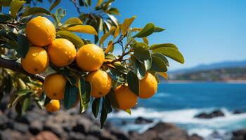 ai gerado frescor do verão maduro citrino fruta em verde árvore gerado de ai foto