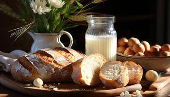 ai gerado frescor do caseiro pão, leite, e gourmet refeição em mesa gerado de ai foto