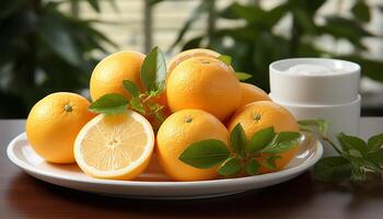 ai gerado frescor do citrino fruta em de madeira mesa, saudável comendo gerado de ai foto