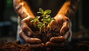 ai gerado uma agricultor mão detém uma pequeno plantinha, começando Novo vida gerado de ai foto