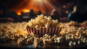 ai gerado assistindo uma filme às a teatro, desfrutando gourmet lanches gerado de ai foto