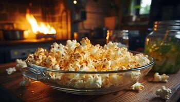 ai gerado gourmet lanche em de madeira mesa, filme noite às casa gerado de ai foto