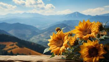 ai gerado girassol Prado, amarelo flores, montanha pico, natureza beleza gerado de ai foto