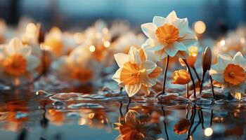 ai gerado uma vibrante ramalhete do multi colori flores reflete dentro a lagoa gerado de ai foto