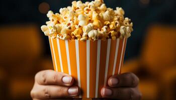 ai gerado adulto segurando lanche, assistindo filme, desfrutando lazer atividade gerado de ai foto