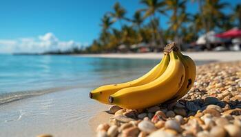 ai gerado fresco amarelo bananas em uma arenoso praia, uma tropical deleite gerado de ai foto