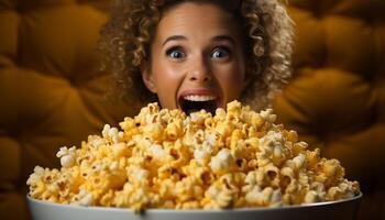 ai gerado jovem adulto desfrutando uma filme, comendo lanches dentro de casa, sorridente gerado de ai foto