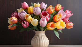 ai gerado uma fresco ramalhete do multi colori tulipas traz primavera dentro de casa gerado de ai foto