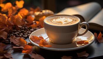 ai gerado fresco outono cappuccino em de madeira mesa, uma acolhedor cafeína fuga gerado de ai foto
