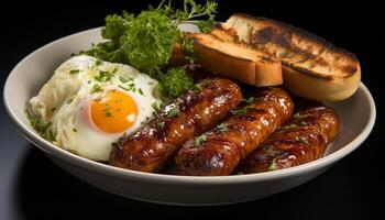 ai gerado grelhado carne de porco, carne bovina, e pão em madeira, verão refresco gerado de ai foto