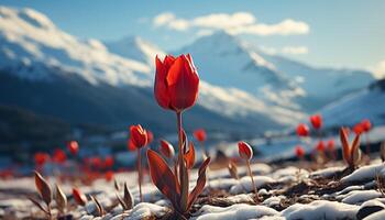 ai gerado a montanha pico flores com flores silvestres dentro primavera gerado de ai foto