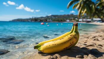 ai gerado fresco banana em arenoso praia, uma gosto do verão período de férias gerado de ai foto