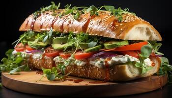 ai gerado frescor em prato grelhado carne, tomate sanduíche, saudável salada gerado de ai foto