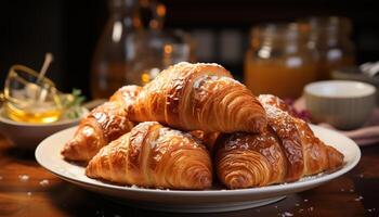 ai gerado recentemente cozido croissant em de madeira mesa, uma gourmet deleite gerado de ai foto