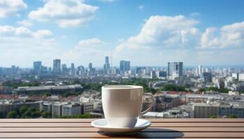 ai gerado café copo em mesa, paisagem urbana pano de fundo, urbano relaxamento gerado de ai foto