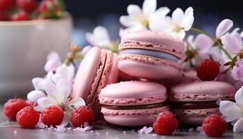 ai gerado caseiro francês macaroon pilha, fresco framboesa, doce indulgência em madeira gerado de ai foto