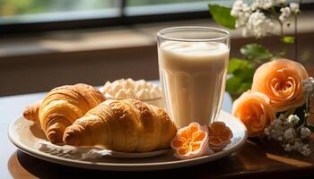 ai gerado fresco croissant e café em de madeira mesa, uma gourmet deleite gerado de ai foto