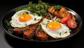 ai gerado grelhado carne de porco com tomate, salada, e fresco pão em prato gerado de ai foto