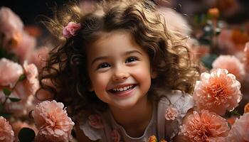 ai gerado sorridente criança detém flor, felicidade irradia a partir de dela retrato gerado de ai foto