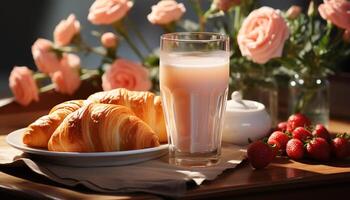 ai gerado frescor e gourmet sobremesa em mesa com flor e croissant gerado de ai foto