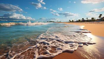 ai gerado tropical pôr do sol, azul aceno, tranquilo de praia natureza beleza gerado de ai foto