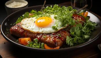 ai gerado grelhado carne de porco bife com fresco vegetais, uma saudável gourmet refeição gerado de ai foto