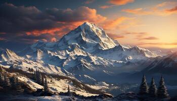 ai gerado majestoso montanha pico, tranquilo cena, congeladas paisagem, inverno beleza gerado de ai foto