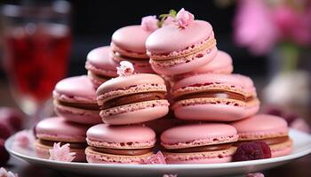 ai gerado uma gourmet sobremesa macaroon pilha, rosa, fresco, caseiro, indulgência, celebração gerado de ai foto