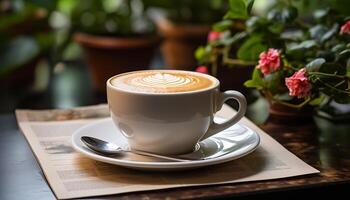 ai gerado fresco cappuccino em de madeira mesa, uma perfeito café pausa gerado de ai foto